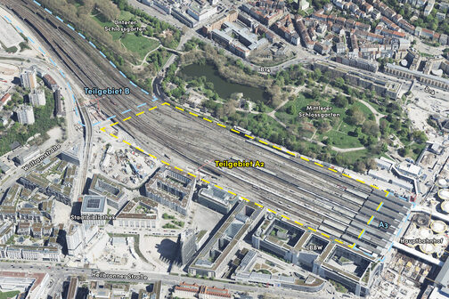 Luftaufnahme des Entwicklungsgebiets Stuttgart Rosenstein mit dem Teilgebiet A2, wo aktuell noch die Gleise des Stuttgarter Hauptbahnhofs verlaufen.